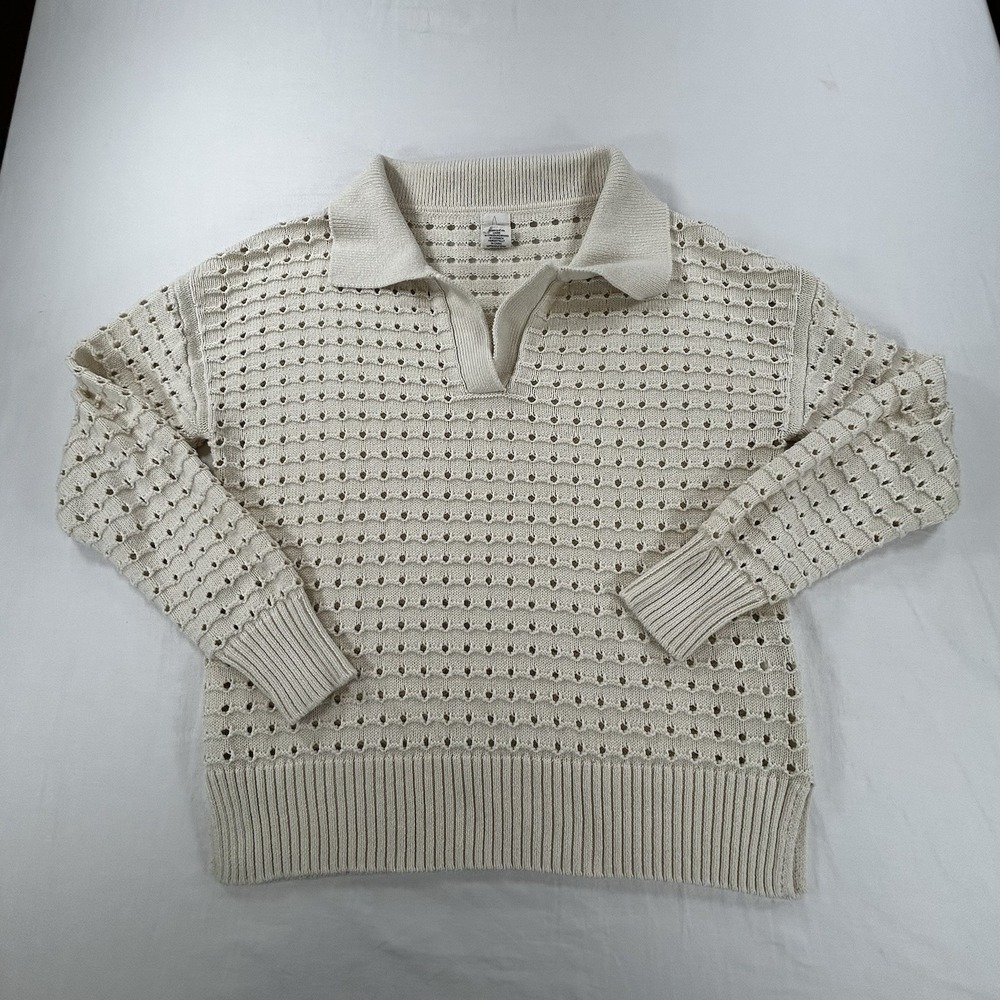 Joie Oversized S Cream Open Knit Split Neckline Polo Collar Pullover Sweater